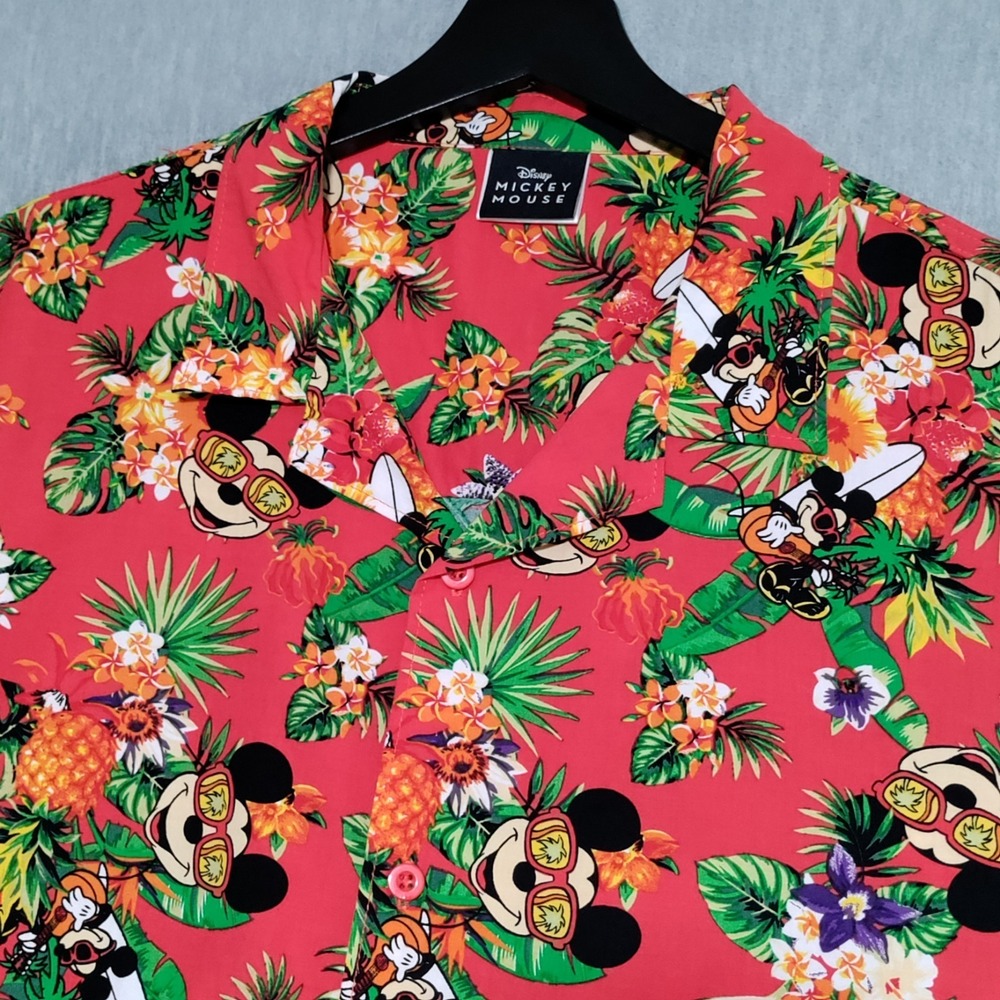 Disney Mickey Mouse Hawaiian Shirt Mens XXL Red Tropical Floral Button Up Aloha - Picture 5 of 12